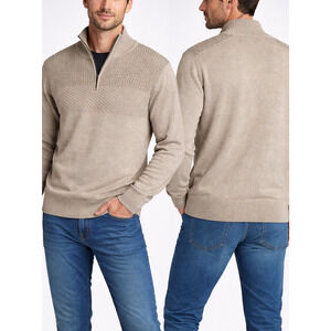 Alan Flusser Mens XL 1/4 Zip Sweater Beige 100% Cotton Textured Knit Pullover